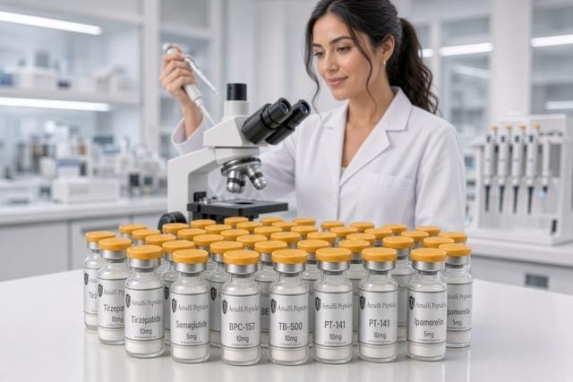 Amalfi Peptides full product collection — research vials with gold caps arranged as a group